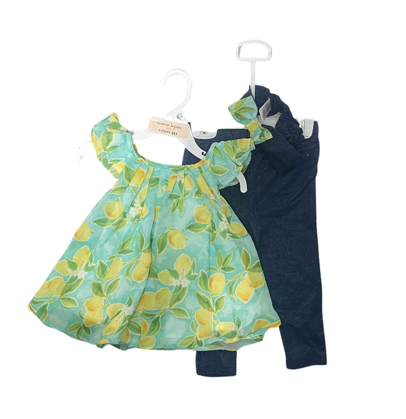 Lemon pattern dress and pants 2 piece set